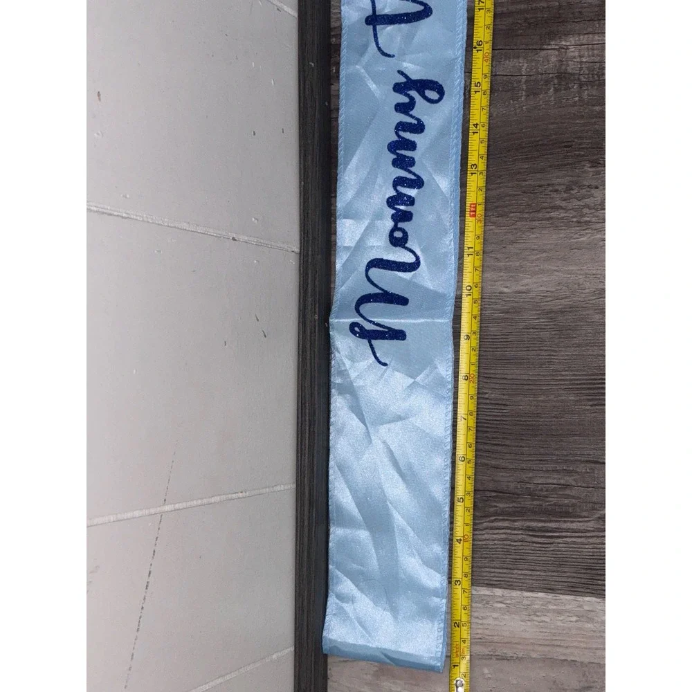 Mommy To Be Baby Shower Sash Light Blue Satin Glitter Script Gender Reveal